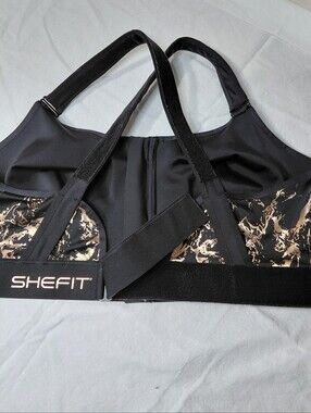 SHEFIT 6Luxe Black Sports Bra with Beige Marble Accents